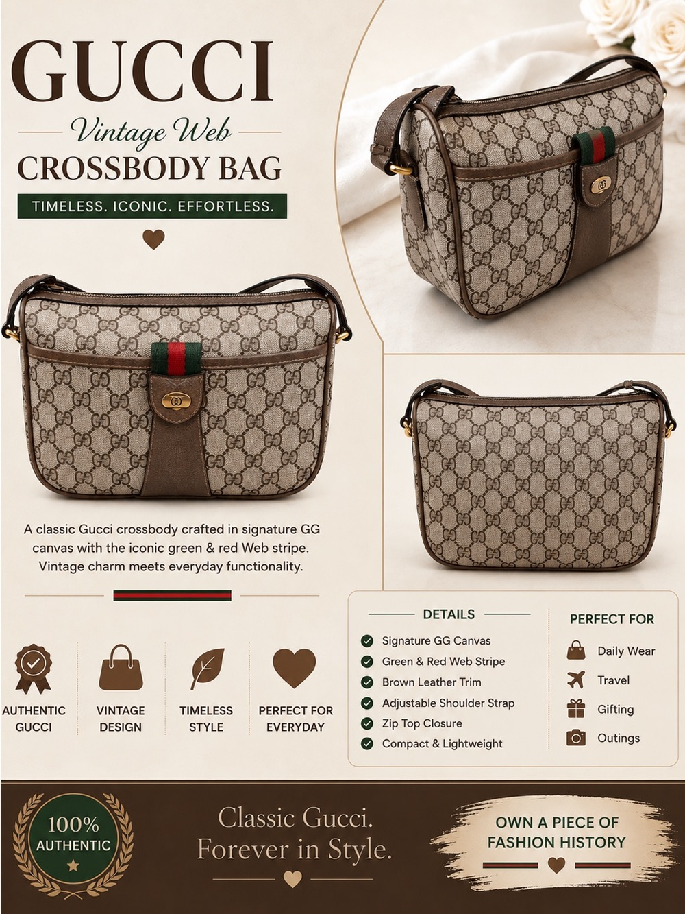 Gucci BrownTan GG Crossbody with Green & Red Web Sherryline Bag